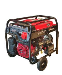 Honda EM8000ETS is a 6.5KVA single and three-phase Generator with key start, battery, and wheels