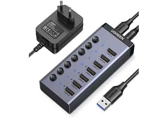 UGREEN 7 Port Powered USB A 3.0 Hub UK Power adapter
