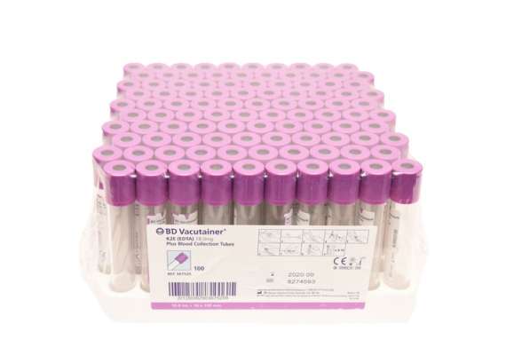 BD K2 EDTA 100Pack Blood Collection Vacutainer Tubes, Draw Volume: 10ml