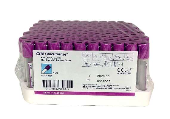 BD K2 EDTA 100Pack Blood Collection Vacutainer Tubes, Draw Volume: 4ml
