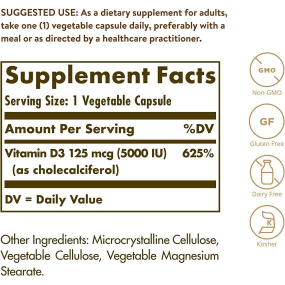 Solgar 125mcg(5000IU) VitaminD3 100 Softgels, 2 image