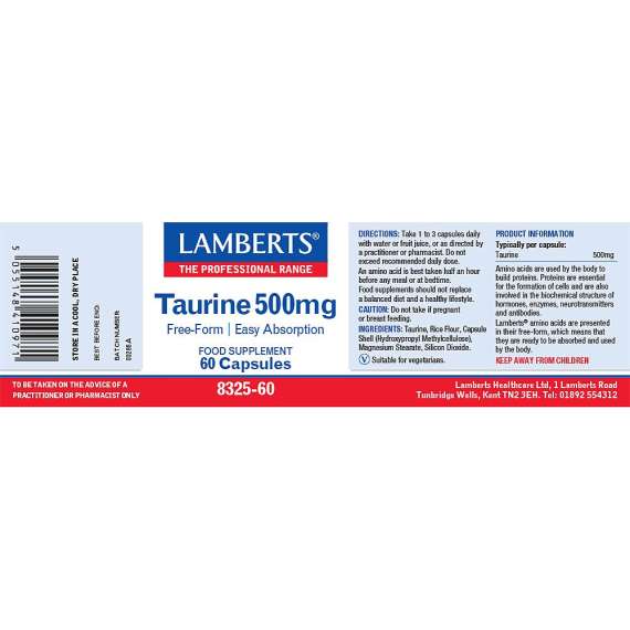 Lamberts 500mg Taurine 60 Capsules Supplement, 2 image