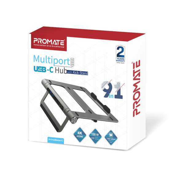 Promate Laptop Stand with Removable USB-C 9 in 1 Hub