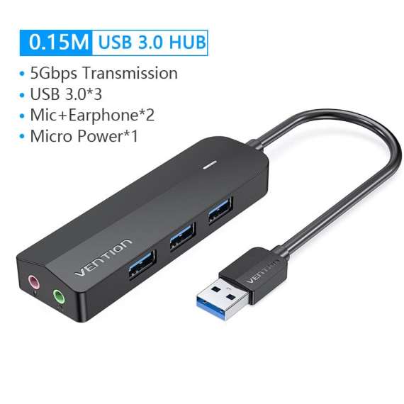 Vention 3 Port USB 3.0 Hub with Sound Card Adapter