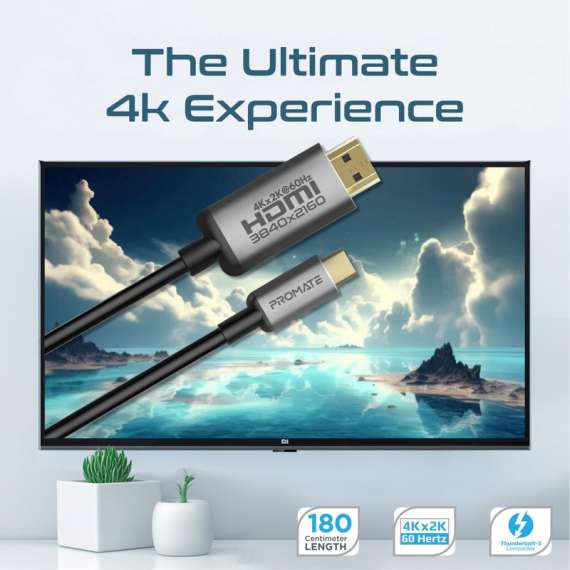 Promate 4K x 2K 60Hz  USB C to HDMI 2.0 Audio Video Cable, 2 image