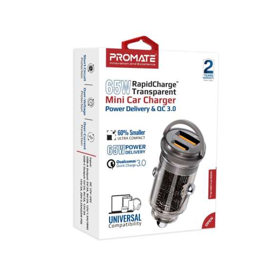 Promate Transparent Quick Charging Dual Port Mini Car charger, 10 image