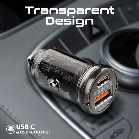 Promate Transparent Quick Charging Dual Port Mini Car charger, 2 image