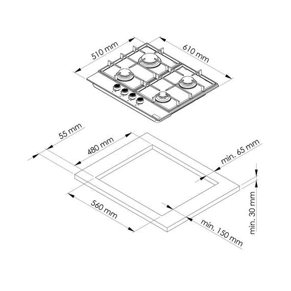 Mika MGH63406FBGW 60cm 4 Gas with WOK Built-In Gas Hob, 3 image