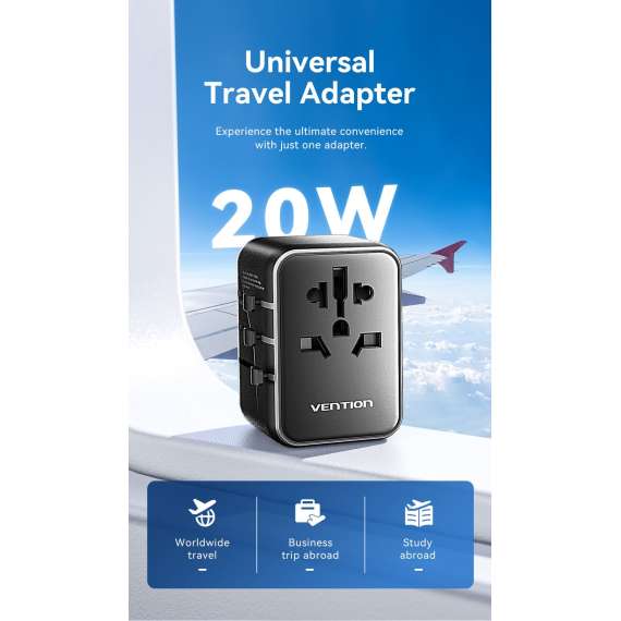 Vention 3-Port USB (C+A+A) Universal Travel Adapter
