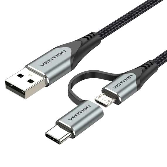 Vention USB 2.0 A Male to 2 in 1 Micro B and USB C Male 3A Cable