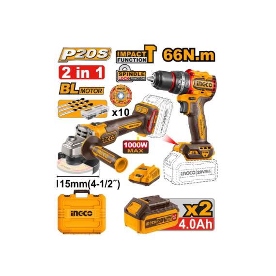 Ingco CKLI20273 20V LI-ION Cordless 2PCS Combo Kit