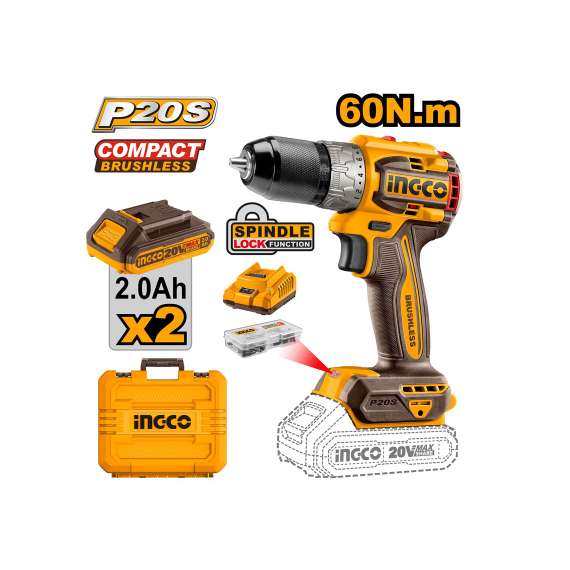 Ingco CDLI20602 20V LI-ION  60Nm Cordless Brushless Drill