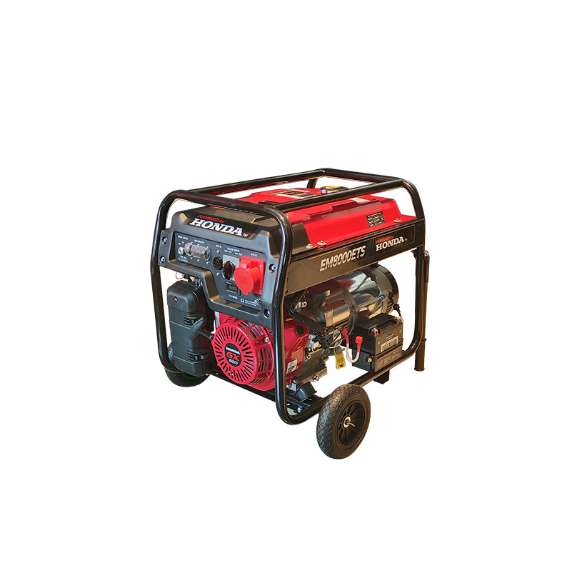 Honda EM8000ETS is a 6.5KVA single and three-phase Generator with key start, battery, and wheels