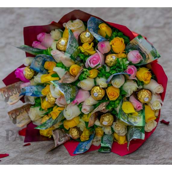 Flowers, Ferrero Rocher Chocolates Money Bouquet with 10,000 Kenya Shillings Notes