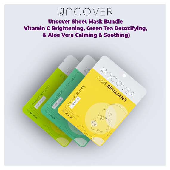 Uncover  Vitamin C Brightening, Green Tea Detoxifying, and Aloe Vera Calming & Soothing Sheet Mask Bundle